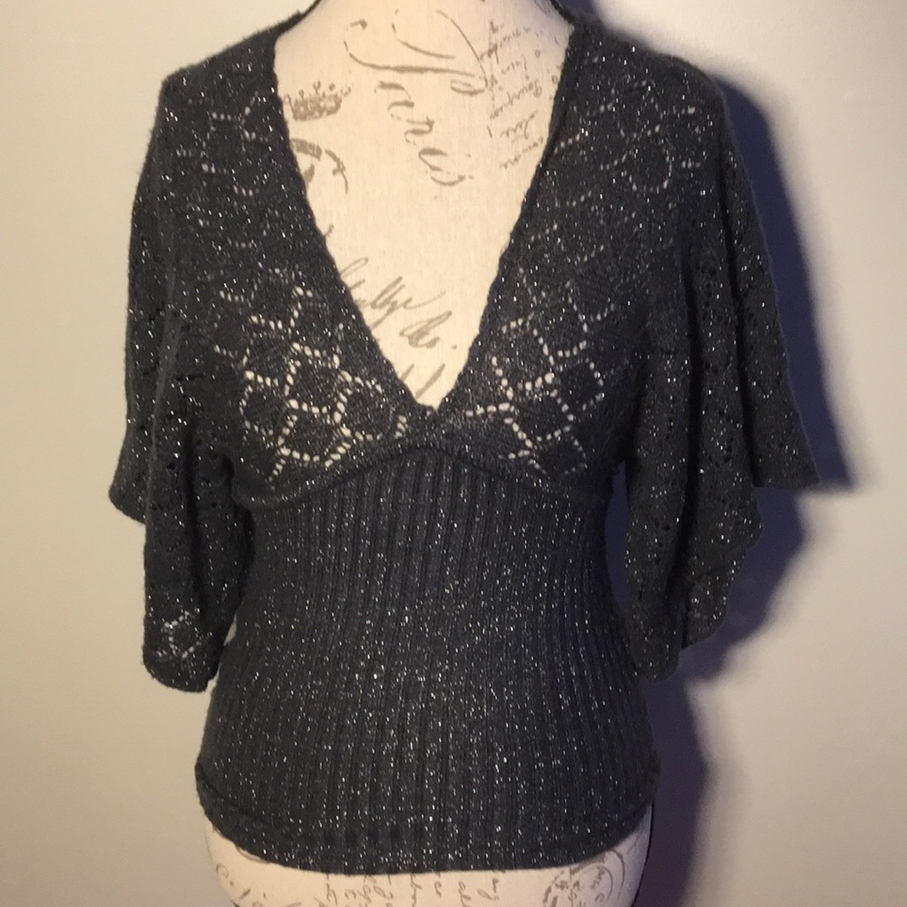 Grey & silver crochet butterfly sleeve sweater top